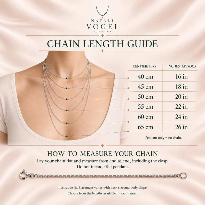 May include: A chain length guide by Natali Vogel Schmuck featuring six silver chains of varying lengths from 40 cm to 65 cm, or 16 to 26 inches. The graphic includes a measurement chart and instructions on how to measure a chain flat.