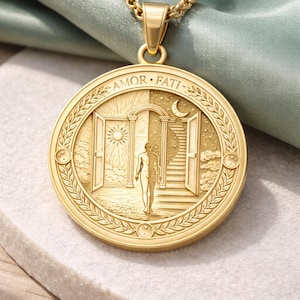 May include: A gold-toned circular pendant necklace featuring an embossed design of a figure walking through a doorway between a sunlit day and a starry night. The text AMOR FATI is engraved at the top, surrounded by a laurel leaf border.