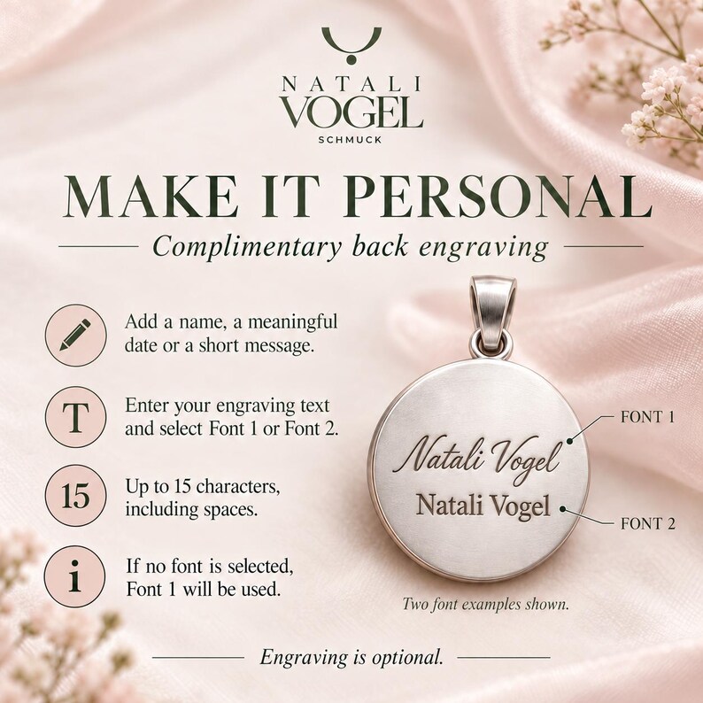 May include: A round silver pendant featuring custom engraving options. The text reads NATALI VOGEL SCHMUCK, MAKE IT PERSONAL, Complimentary back engraving, and shows two font styles for the name Natali Vogel with instructions for personalization.