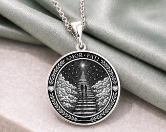 Memorial Stairway to Heaven Pendant – Amor Fati Remembrance Necklace, In Loving Memory Jewelry, Loss of Loved One Gift