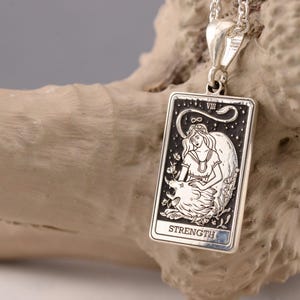 The Strength Tarot Necklace, Mystical Silver Jewelry, Gold Tarot Necklace. Dainty Tarot Necklace Silver. 925 Silver Tarot Card Pendant