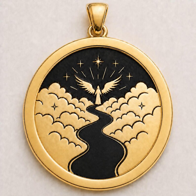 May include: A circular gold pendant featuring a black recessed centre with an engraved design of a winged figure standing at the end of a winding path. The scene includes stylised clouds on both sides and a bright star shining above the figure.