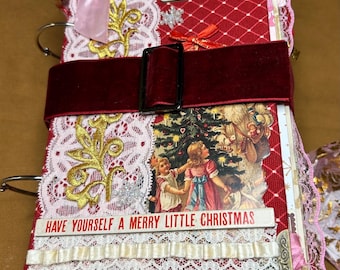 Christmas Journal, Diary, keepsakes,memories, handmade.Ringbound 36 double sided pages.decorated,charms, lace and ribbon, vintage