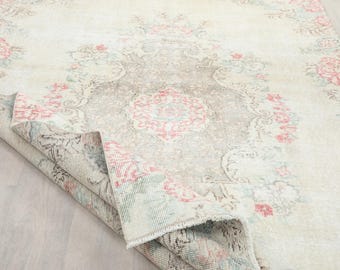 5x8 Vintage Turkish Oushak Rug: Beige & Green Floral, Hand-Knotted Wool/Cotton, Vintage Wool Rug, Home Decor, Floor Rug, Hand Konotted Rug