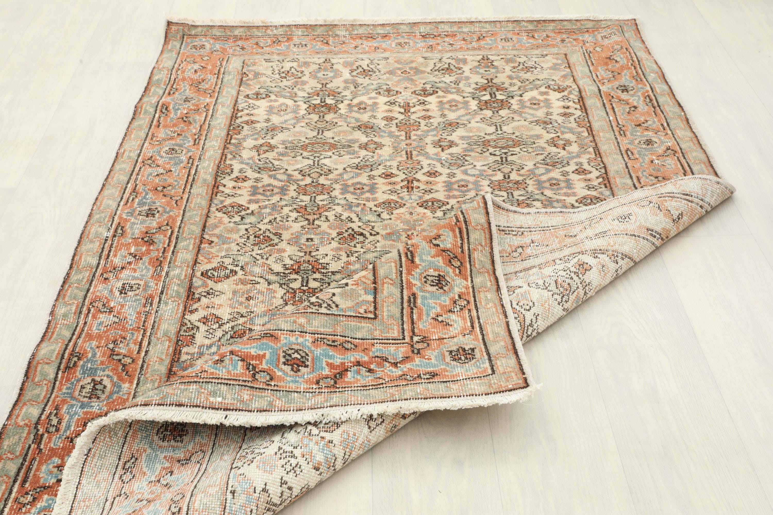 4x6 Vintage Turkish Rug: Orange Blue Beige Handwoven Oushak Rug