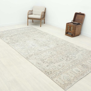 Oushak Wool Runner Rug: 4.9x10.7 ft Beige Turkish Hallway Rug