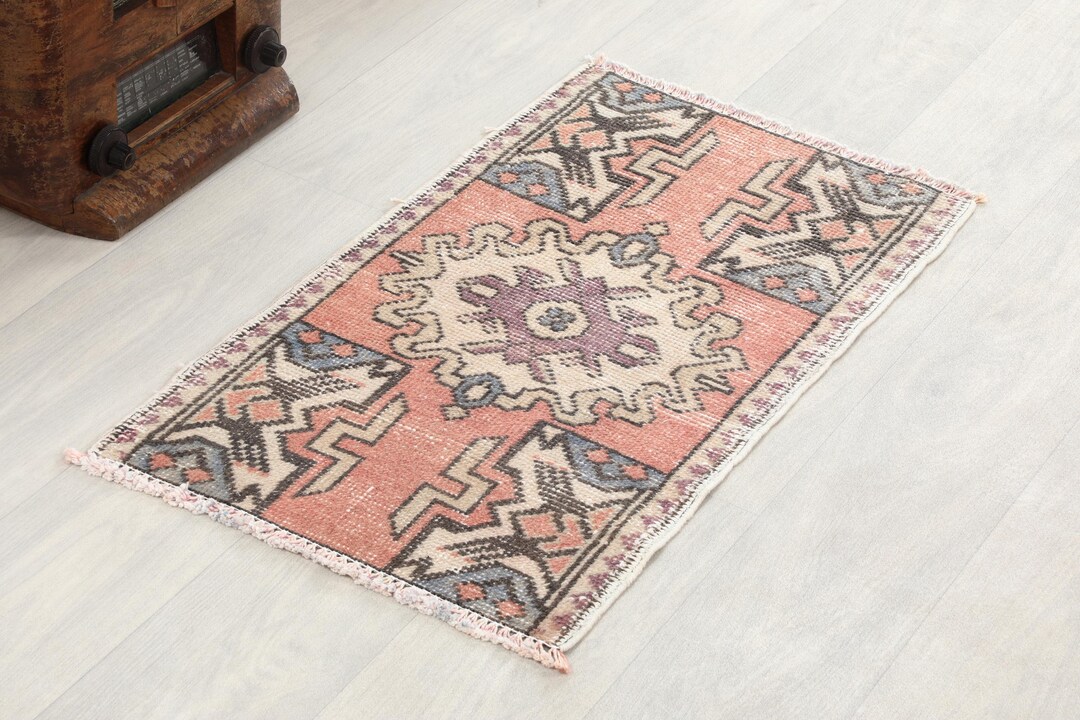 2x3 Orange Blue Vintage Small Rug, 2x3 Handmade Turkish Rug, Oushak ...