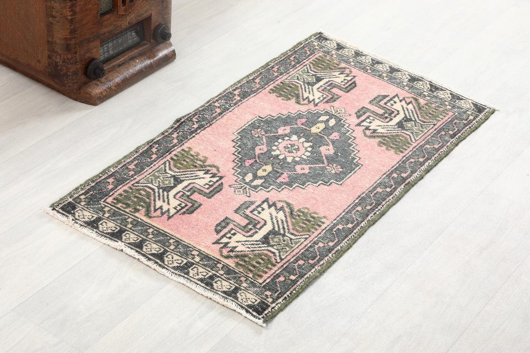 2x3 Red Black Turkish Small Rug, 2x3 Handmade Vintage Rug, Oushak