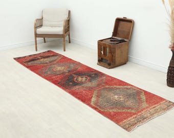 3x30 Rot Brauner Vintage Türkischer Teppich Läufer Anatolischer Kelim Teppich, Oushak Teppich Läufer, Kelim Teppich Läufer