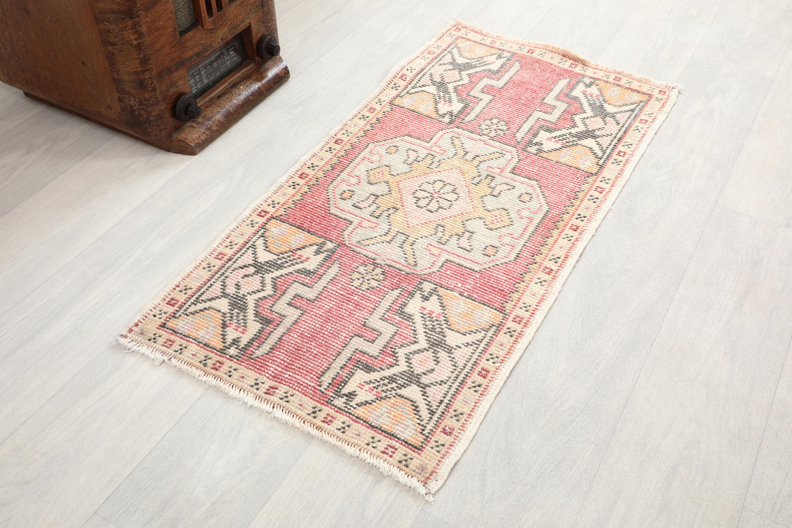 Handmade Turkish Small Rug: Red Navy Beige Floral Wool Cotton (1.7