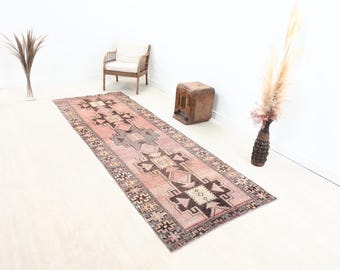 Dywan Oushak Runner w stylu vintage, turecki, 4 x 10 stóp | Dywan wełniany orientalny w kolorze beżowo-brązowym do przedpokoju | Ręcznie robione, jedyne w swoim rodzaju dywany
