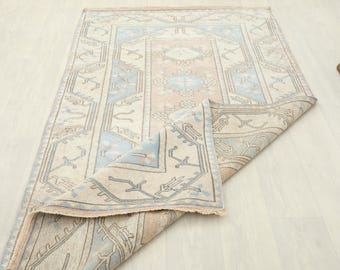 4x7 Ft Brown Blue Vintage Turkish Rug, Handwoven Oushak Rug, Vintage Wool Rug, Home Decor, Floor Rug, Hand Konotted Rug, Area Rug
