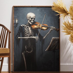 Poster stampabile "Scheletro con violino" - Arte murale gotica, Decorazione Dark Academia, Regalo per una stanza Gotica, Stampa artistica con teschio