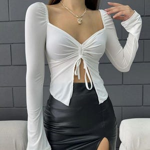 Women’s White Gathered Crop Blouse – Long Sleeve Adjustable Ruched Top | Breathable Casual Summer Shirt | Chic Evening Holiday Outfit