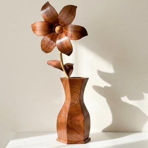 Rustic Wooden Vase | Wood Lily Desk Accessory | Farmhouse Shelf Decor | Mahogany Wood Flower | Natural Office Accent | Handmade Floral Art