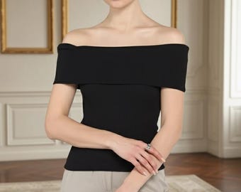 Women’s Black Blouse with Madonna Off Shoulder Collar | Short Sleeve Feminine Top | Casual Summer Shirt | Elegant Brunch Evening Outfit
