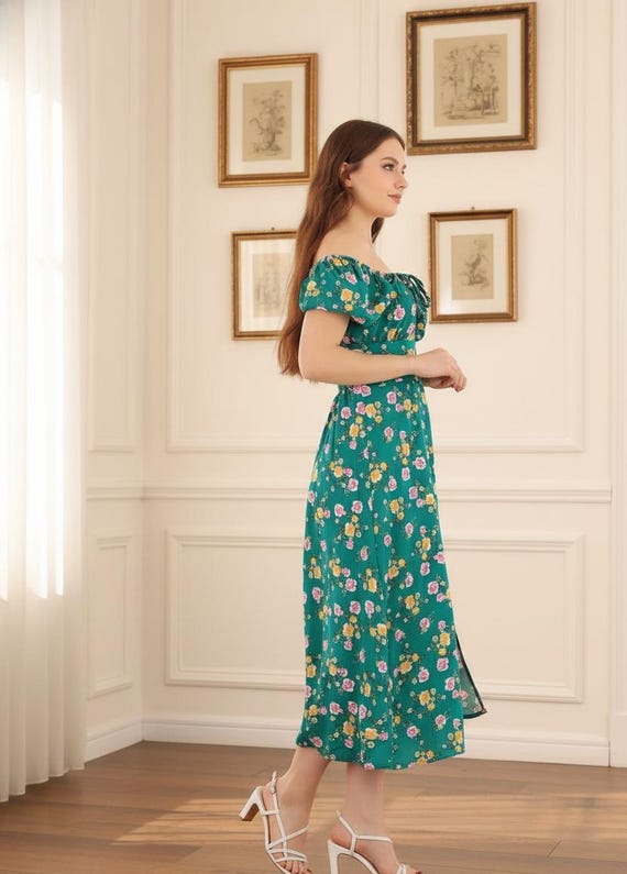 green linen wedding guest dress Green Multi Begonia Floral Sallie Midi Dress