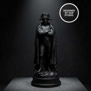 Könnte beinhalten: Eine schwarze Statue einer historischen Figur, die einen Zweispitz und einen langen Mantel trägt, mit verschränkten Armen. Die Statue steht auf einem runden Sockel. Der Text "DESIGNED BY OUR STUDIO." befindet sich in einem weißen Kreis.