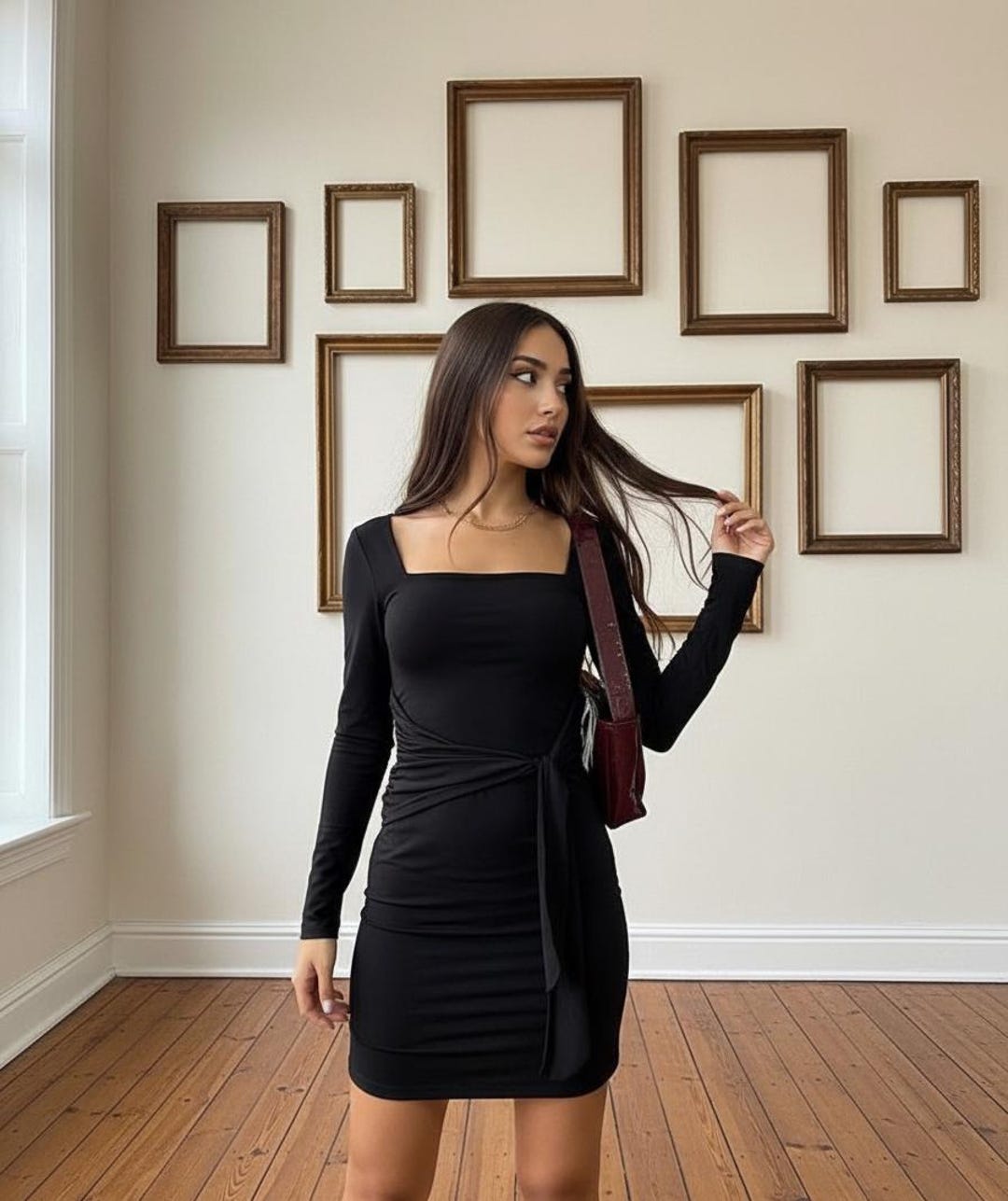 Long Sleeve Black Cocktail Dress, Square Neck Belted Mini, Little Black Dress For Evening Party & Date Night