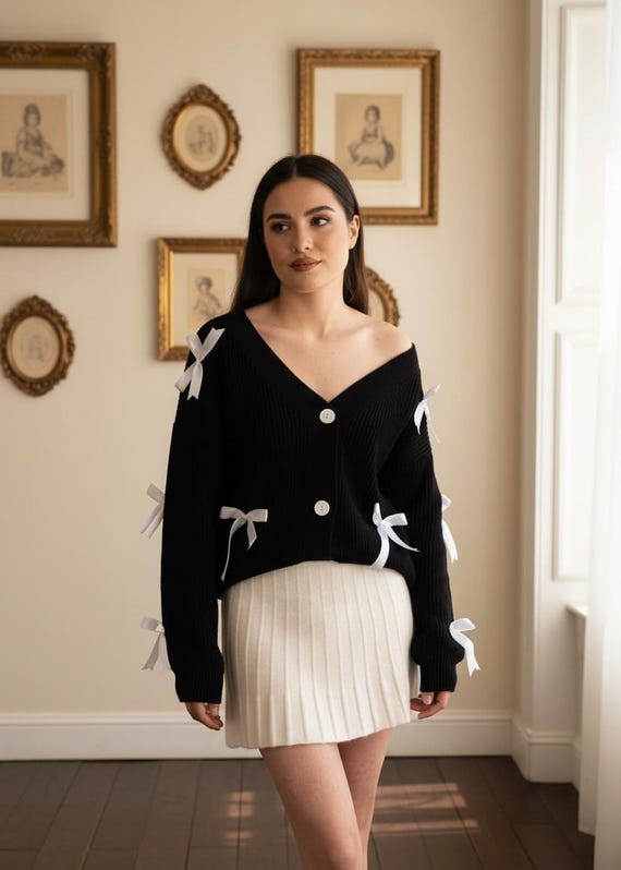 Women's Black Knit Cardigan With White Ribbon Detail, Button up V