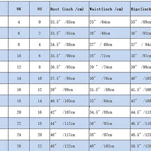 May include: A size chart with measurements in inches and centimeters. The chart includes international sizes, bust, waist, hips, and height. Sizes range from XS to XXL, with corresponding measurements for each size.