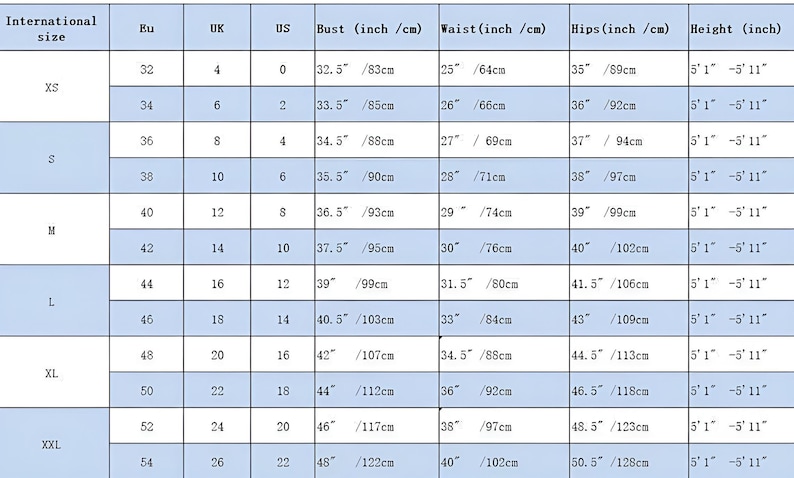 May include: A size chart with measurements in inches and centimeters. The chart includes international sizes, bust, waist, hips, and height. Sizes range from XS to XXL, with corresponding measurements for each size.