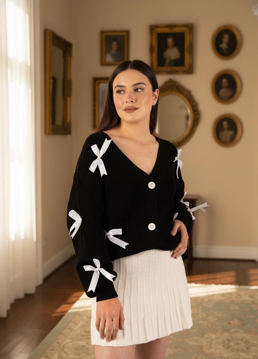 Women's Black Knit Cardigan With White Ribbon Detail, Button up V
