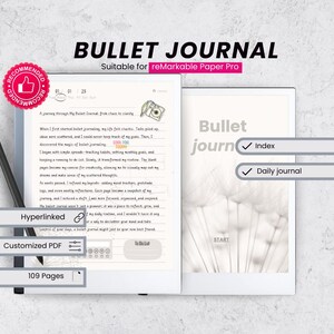 Op de afbeelding: Een digitale bullet journal-sjabloon voor de reMarkable Paper Pro-tablet. De sjabloon bevat een dagelijks dagboek, een index en 109 pagina's. De sjabloon wordt weergegeven op een witte achtergrond.