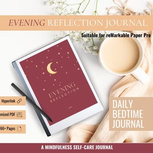Op de afbeelding: Een rood en gouden digitaal dagboek met de tekst "Evening Reflection Journal" en "Suitable for reMarkable Paper Pro". Het dagboek heeft een halve maan en sterren op de omslag. Het dagboek ligt op een wit oppervlak met een kopje koffie en een witte sjaal.