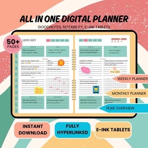 Op de afbeelding: Een digitale planner met een kleurrijk ontwerp. De planner is geschikt voor Goodnotes, Notability en E-ink tablets. Hij heeft meer dan 50 pagina's en bevat een week-, maand- en jaarplanner. De planner is volledig gelinkt en direct te downloaden.