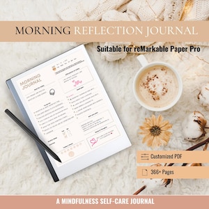 Op de afbeelding: Een digitaal dagboek voor ochtendreflectie, geschikt voor de reMarkable Paper Pro. Het dagboek heeft een roze hartontwerp en de tekst "Morning Journal". Het bevat meer dan 366 pagina's en is beschikbaar als een aangepast PDF.