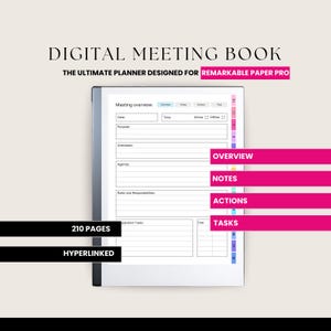 Op de afbeelding: Een digitale vergaderplanner ontworpen voor de Remarkable Paper Pro tablet. De planner heeft 210 pagina's en is hyperlinked. De planner bevat secties voor vergaderoverzicht, notities, acties en taken.