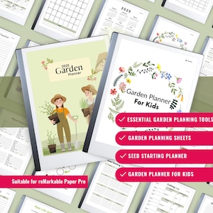 Op de afbeelding: Een 2025 Garden Planner voor kinderen met een ontwerp van een bloemenkrans. De planner bevat essentiële tuinplanningshulpmiddelen, tuinplanningsbladen, een zaadstartplanner en een tuinplanner voor kinderen. Het is geschikt voor de reMarkable Paper Pro.