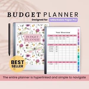 Op de afbeelding: Een digitale budgetplanner met een bloemenontwerp met libellen. De planner is ontworpen voor de Remarkable Paper Pro en bevat een jaaroverzicht met kolommen voor inkomsten en uitgaven.