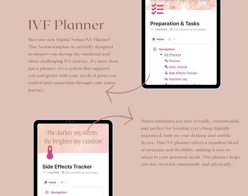 Może przedstawiać: Cyfrowy planer dla IVF, z r&oacute;żowym tłem i tekstem "IVF Planner". Planer został zaprojektowany, aby pom&oacute;c ludziom śledzić ich podr&oacute;ż i zarządzać emocjami. Tekst "The darker my storm, the brighter my rainbow" jest r&oacute;wnież widoczny.