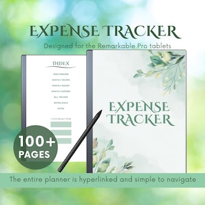 May include: A digital planner for the Remarkable Pro tablet, featuring a green and white watercolor background with leaves and the text "EXPENSE TRACKER". The planner has over 100 pages and is designed to help users track their expenses.