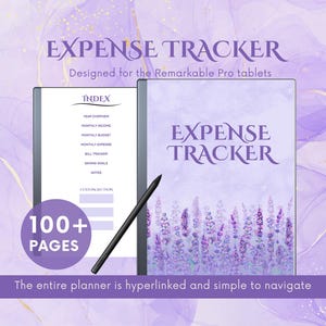 Op de afbeelding: Een paarse en witte digitale planner met de tekst "EXPENSE TRACKER" op de omslag. De planner is ontworpen voor de Remarkable Pro tablets en heeft meer dan 100 pagina's. De planner is hyperlinked en gemakkelijk te navigeren.