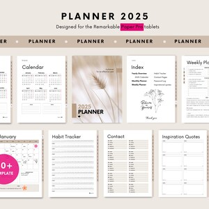 May include: A digital planner for the Remarkable Paper Pro tablet. The planner includes a calendar, weekly planner, habit tracker, contact list, inspiration quotes, and password log. The planner is designed in a minimalist style with a beige background and black text.