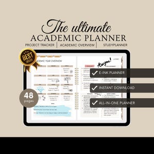 Op de afbeelding: Een digitale planner voor studenten met een lichtblauw en bruin kleurenschema. De planner bevat een jaaroverzicht, een projecttracker en een studieplanner. De tekst "The ultimate ACADEMIC PLANNER" staat bovenaan de afbeelding. De planner is beschikbaar als een e-ink planner, een instant download en een all-in-one planner.