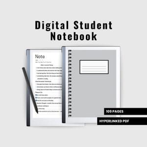 Op de afbeelding: Een digitaal studenten notitieboek met een grijze kaft en een zwarte spiraalbinding. Het notitieboek heeft 109 pagina's en is een hyperlinked PDF. De kaft heeft de tekst "Digital Student Notebook" in zwarte tekst. Het notitieboek is open op een pagina met de titel "Note" en een lijst met notities.