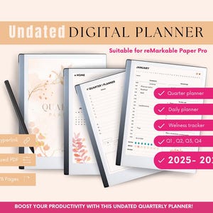 Op de afbeelding: Een digitale planner voor de reMarkable Paper Pro tablet. De planner is niet gedateerd en bevat een kwartaalplanner, een dagplanner, een wellness-tracker en ruimte voor notities. De planner is ontworpen voor gebruik met de reMarkable Paper Pro tablet.