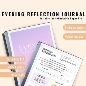 Op de afbeelding: Een digitaal dagboek voor de reMarkable Paper Pro tablet. Het dagboek is getiteld "Evening Reflection" en is ontworpen voor een dagelijkse reflectie van 5 minuten. Het dagboek bevat prompts voor dankbaarheid, waterinname, stemming en lessen die zijn geleerd.