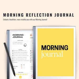 Op de afbeelding: Een zwart-witte afbeelding van een digitaal dagboek met de tekst "Morning Journal" op de omslag. Het dagboek is open op een pagina met een checklist en een stemmingstracker. De tekst "Morning Journal" is ook zichtbaar op de omslag van een gesloten dagboek.