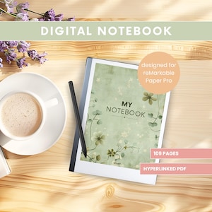 Op de afbeelding: Een digitaal notitieboek met een bloemenpatroon en de tekst "My Notebook" op een groene achtergrond. Het notitieboek is ontworpen voor de Remarkable Paper Pro en heeft 109 pagina's. Het notitieboek is een hyperlinked PDF.