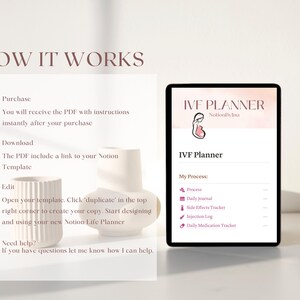 Może przedstawiać: Biały ekran laptopa wyświetlający cyfrowy planer do in vitro, z tytułem "IVF Planner" i listą sekcji, w tym "My Process", "Daily Journal", "Side Effects Tracker", "Injection Log" i "Daily Medication Tracker".