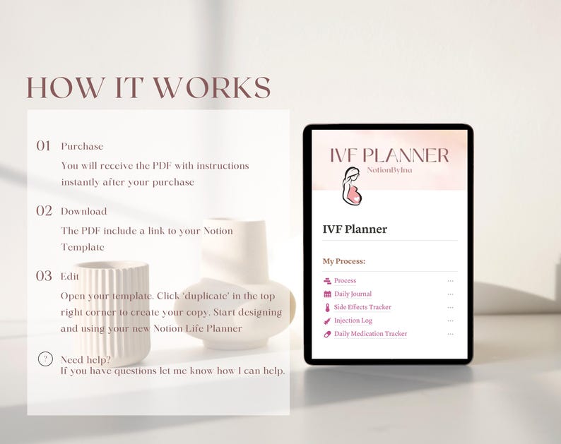 Może przedstawiać: Biały ekran laptopa wyświetlający cyfrowy planer do in vitro, z tytułem "IVF Planner" i listą sekcji, w tym "My Process", "Daily Journal", "Side Effects Tracker", "Injection Log" i "Daily Medication Tracker".