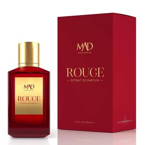 May include: A red perfume bottle with a gold cap and a matching red box. The bottle and box both feature the text "ROUGE - EXTRAIT DE PARFUM" and the brand logo "MAD PARFUMEUR". The bottle contains 100 ml of perfume.