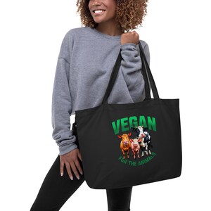 Vegan for the Animals Large organic tote bag Eco-Conscious Herbivore Reusable Bag Plant Based Lifestyle