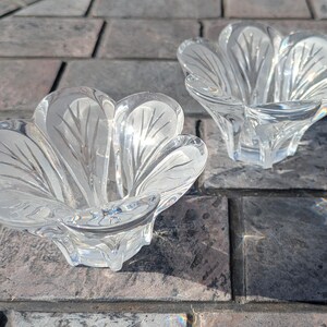 May include: Two clear, flower-shaped glass bowls with etched leaf designs. The bowls sit on a textured, gray surface, casting shadows. The bowls have a petal-like design and are likely decorative items.