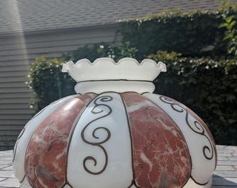 CAFE BISTRO INSPIRED White and Red Faux Marble Print Glass Ruffled Ceiling Light Lampshade with Painted Gold Details